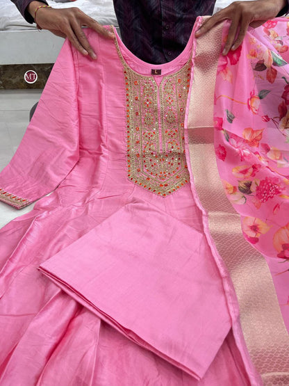 Pink Banarasi Silk Anarkali Kurti