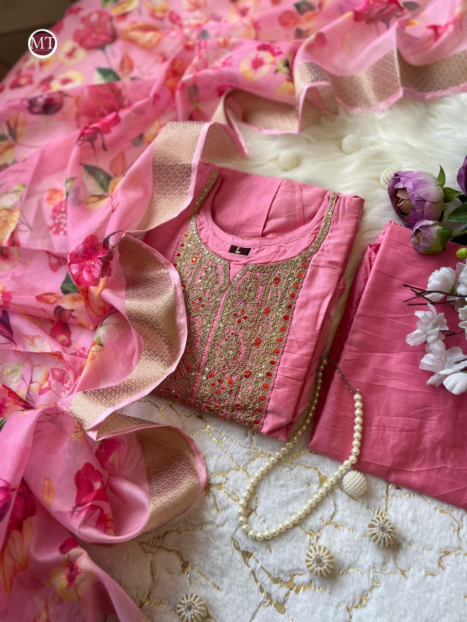 Pink Banarasi Silk Anarkali Kurti