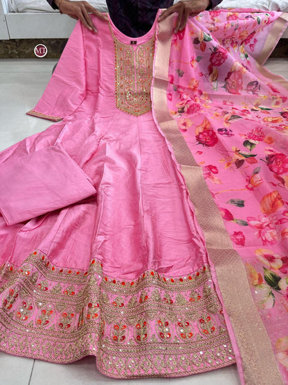 Pink Banarasi Silk Anarkali Kurti
