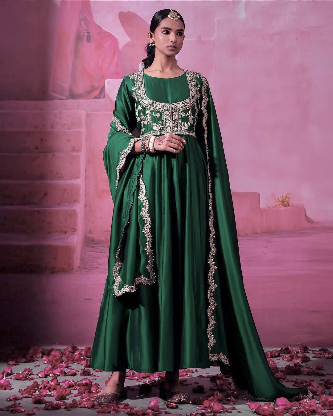 Green Heavy Silk Full Stitched Festival Gown