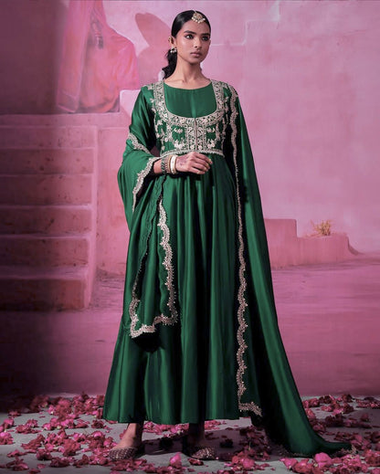 Green Heavy Silk Full Stitched Festival Gown