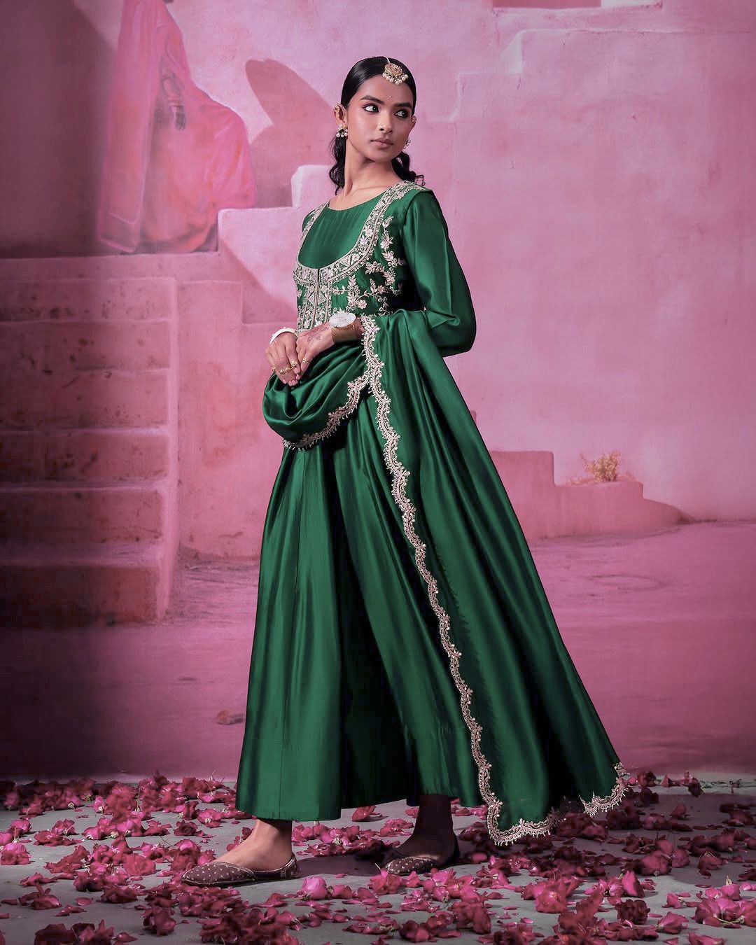 Green Heavy Silk Full Stitched Festival Gown