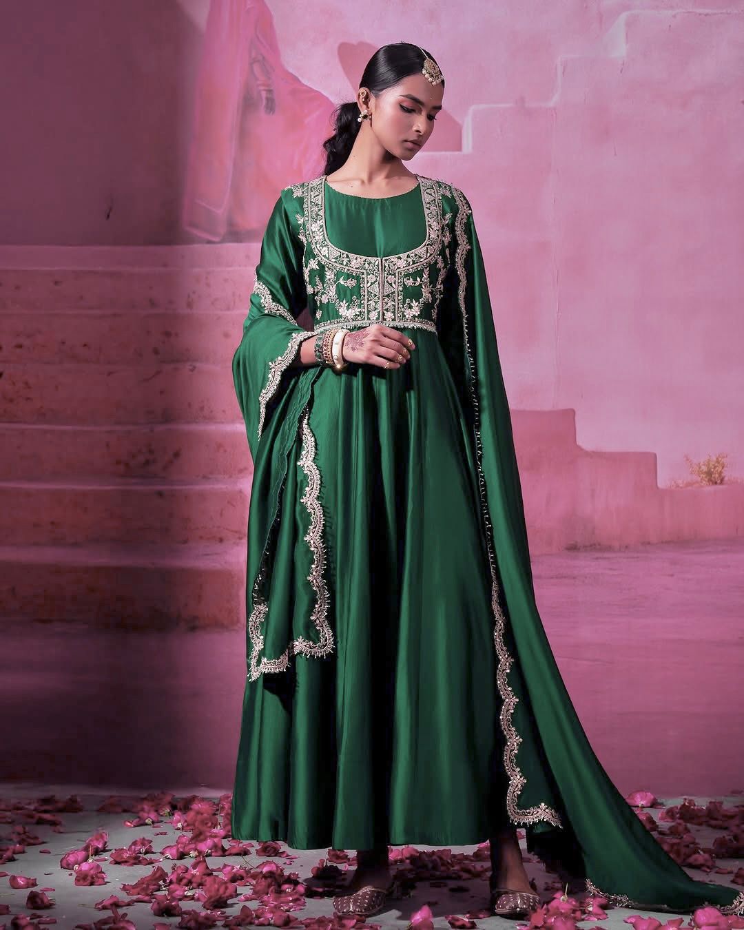 Green Heavy Silk Full Stitched Festival Gown