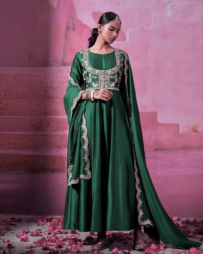 Green Heavy Silk Full Stitched Festival Gown