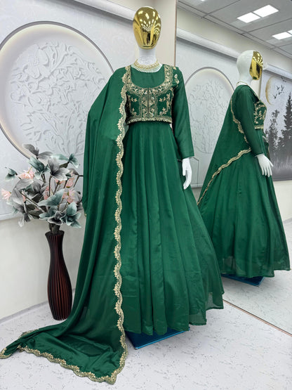 Green Heavy Silk Full Stitched Festival Gown