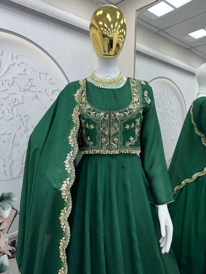 Green Heavy Silk Full Stitched Festival Gown