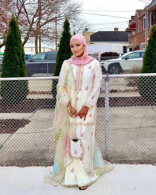 White Chinon embrodiered Top & Plazo