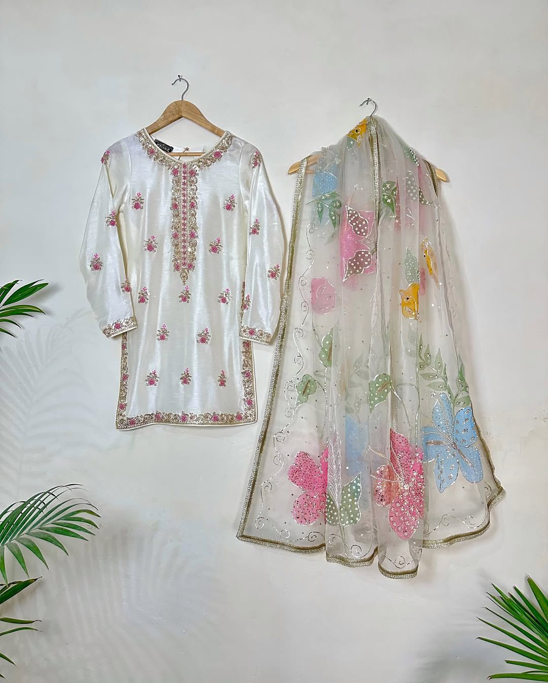 White Chinon embrodiered Top & Plazo