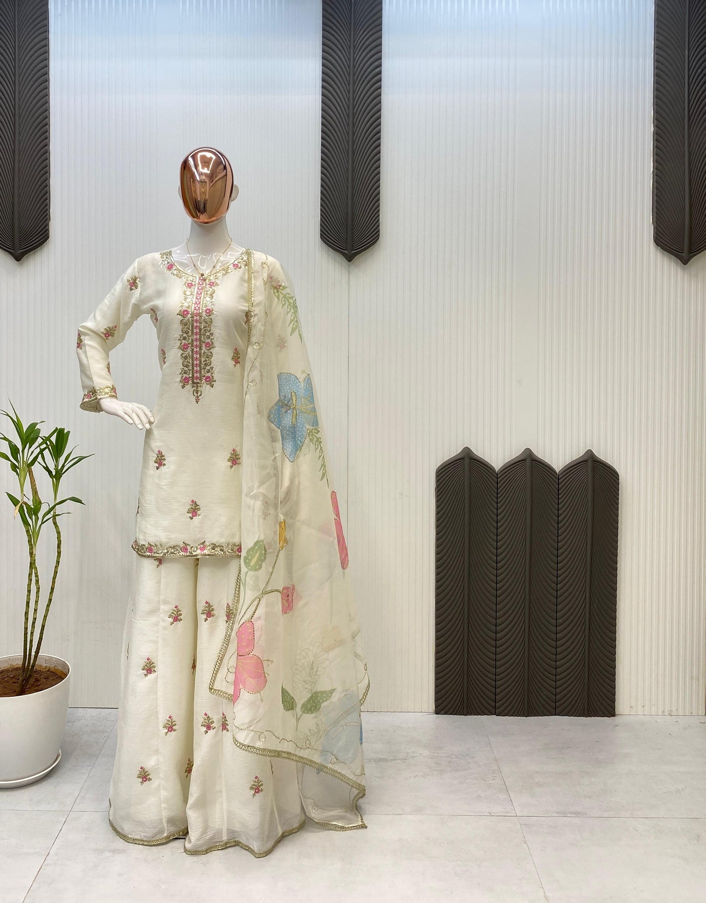 White Chinon embrodiered Top & Plazo