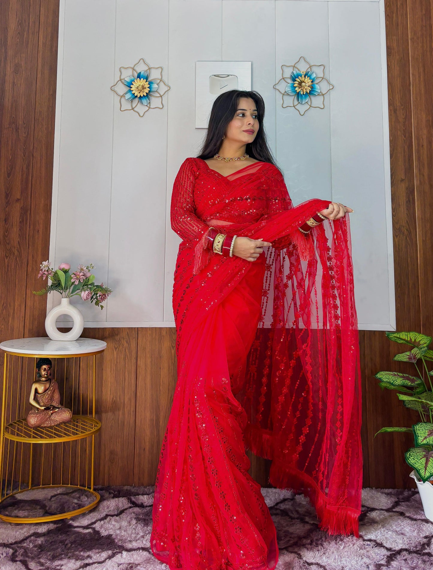 Red Fancy Milky Rainbow Saree