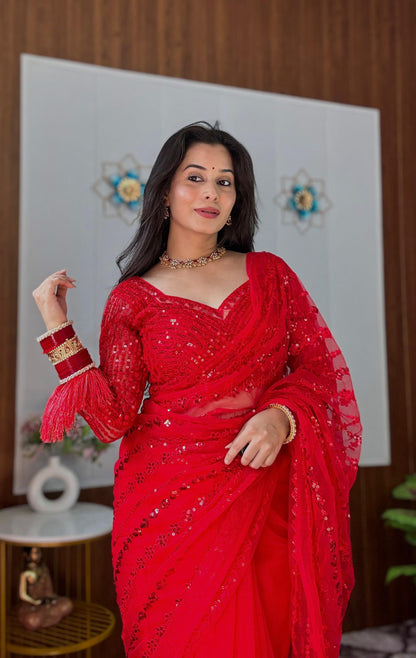 Red Fancy Milky Rainbow Saree