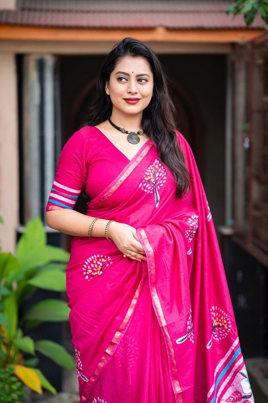Pink Pure Cotton Zari Work Saree