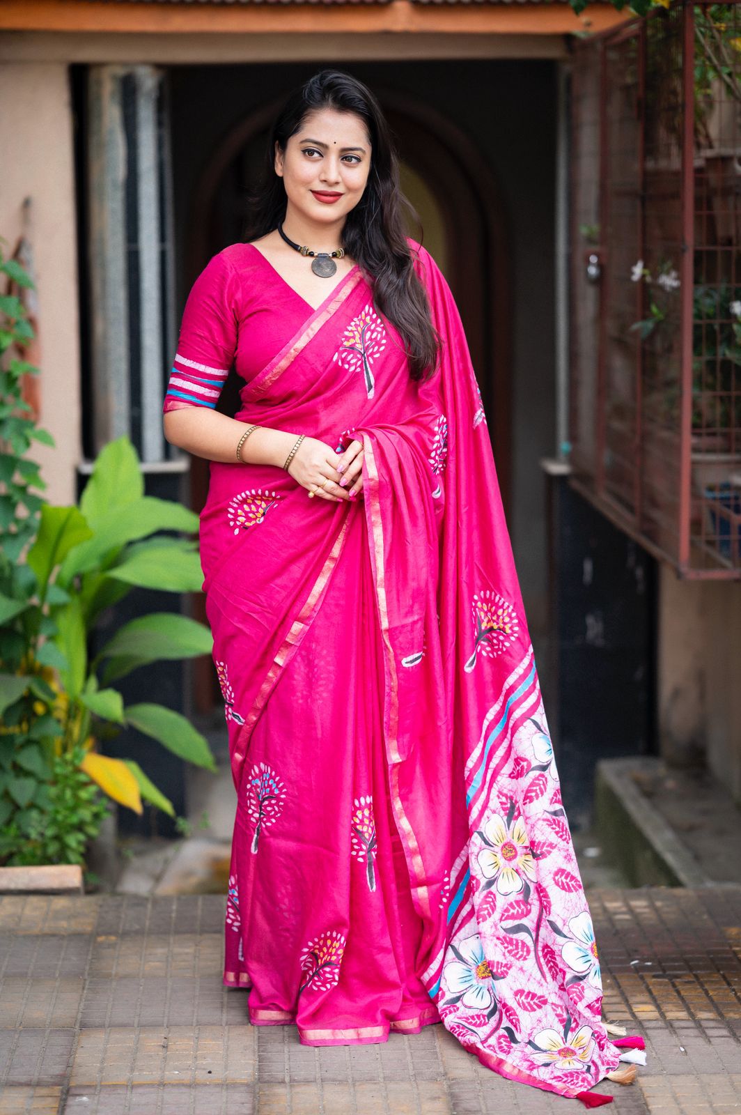 Pink Pure Cotton Zari Work Saree