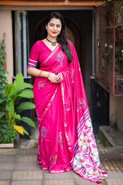 Pink Pure Cotton Zari Work Saree