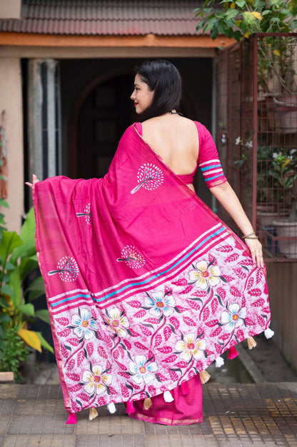 Pink Pure Cotton Zari Work Saree
