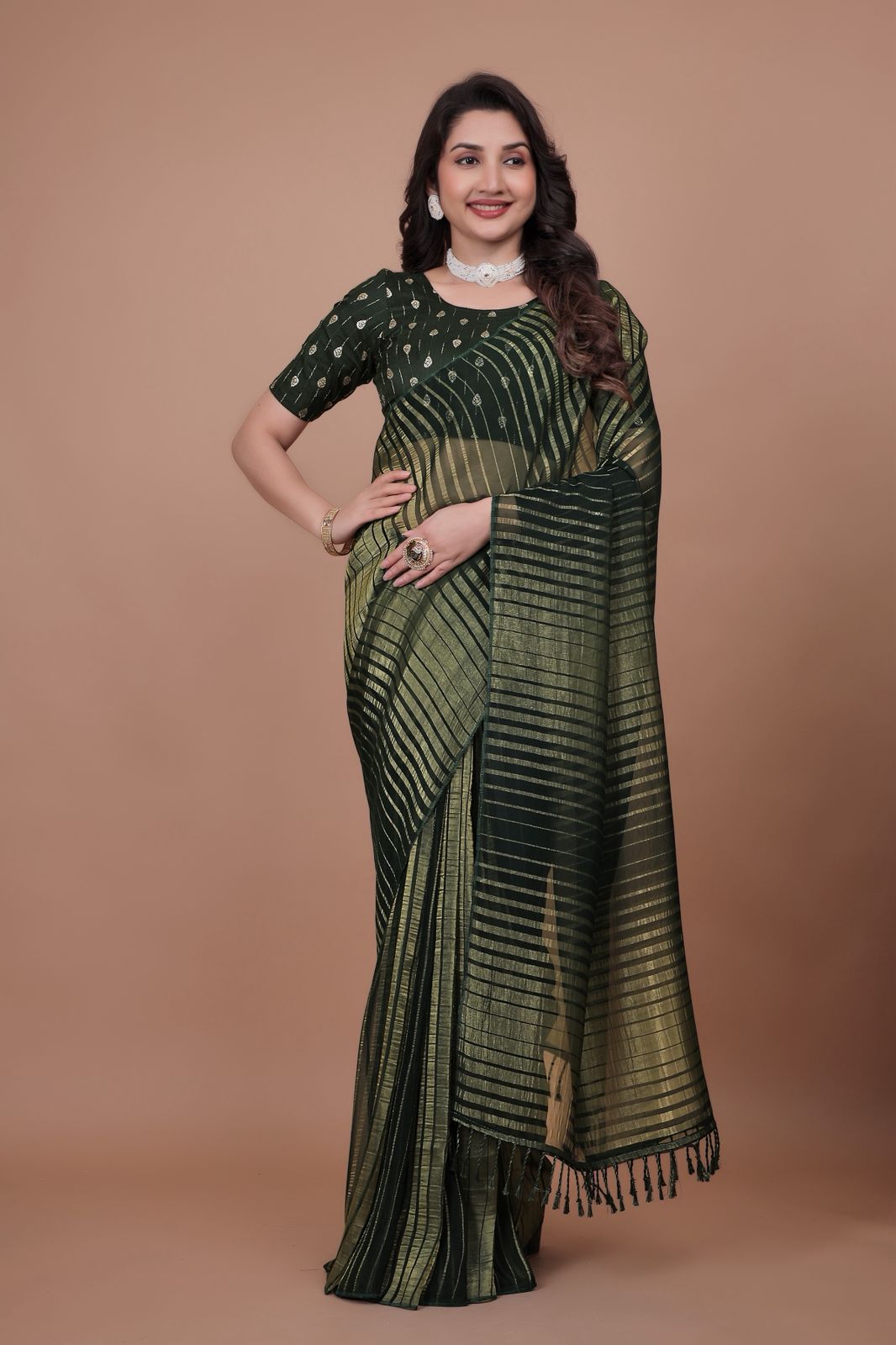 Dark Green Saree with Shimmering Gold Stripe Weave