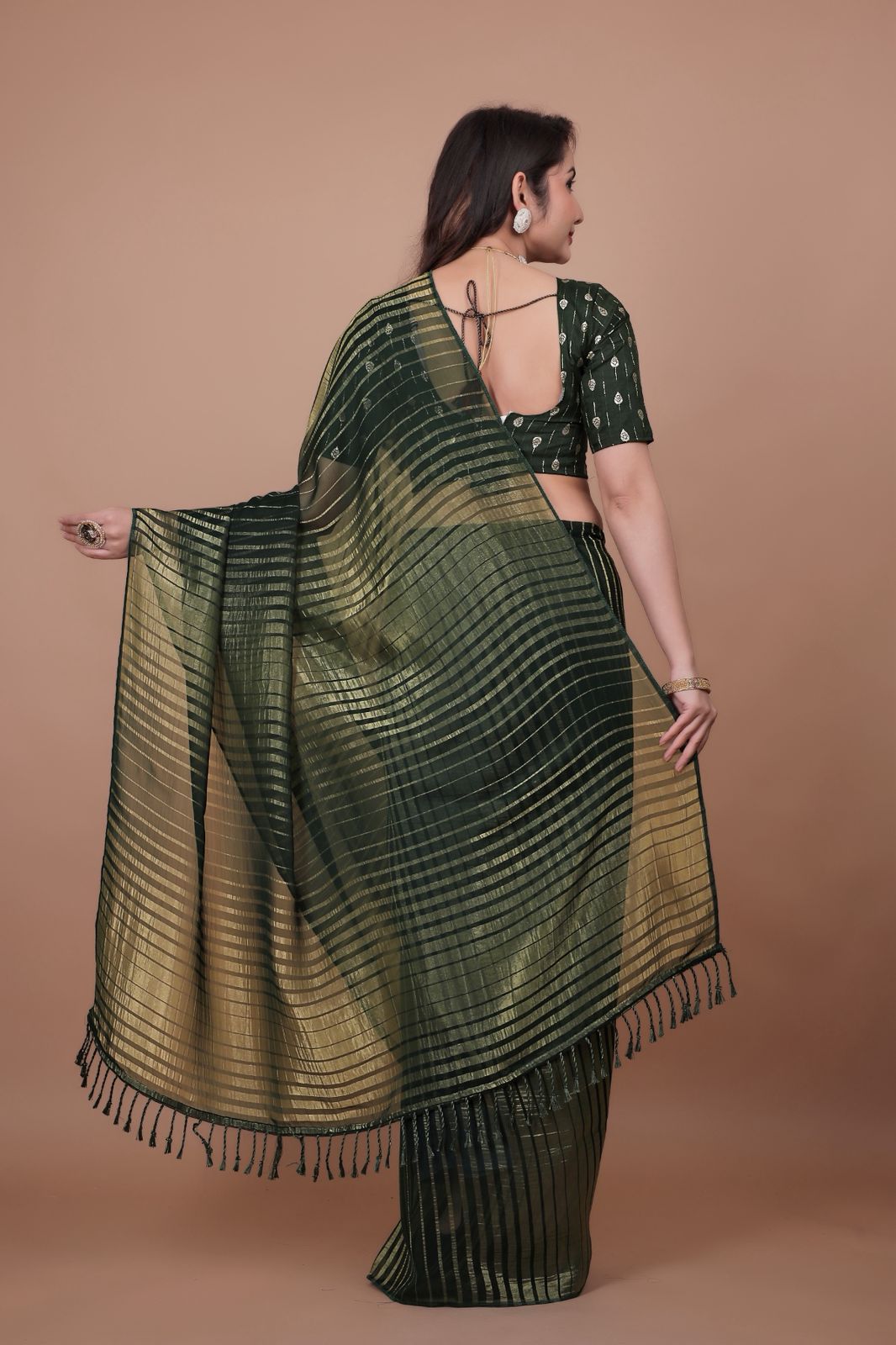 Dark Green Saree with Shimmering Gold Stripe Weave