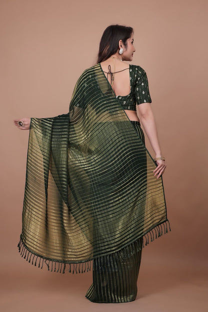 Dark Green Saree with Shimmering Gold Stripe Weave