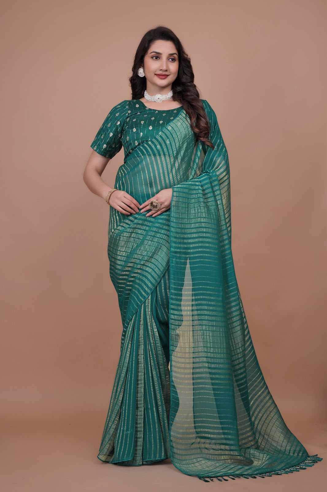Teal Green Saree with Shimmering Horizontal Stripes