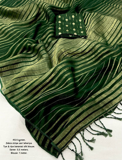 Dark Green Saree with Shimmering Gold Stripe Weave