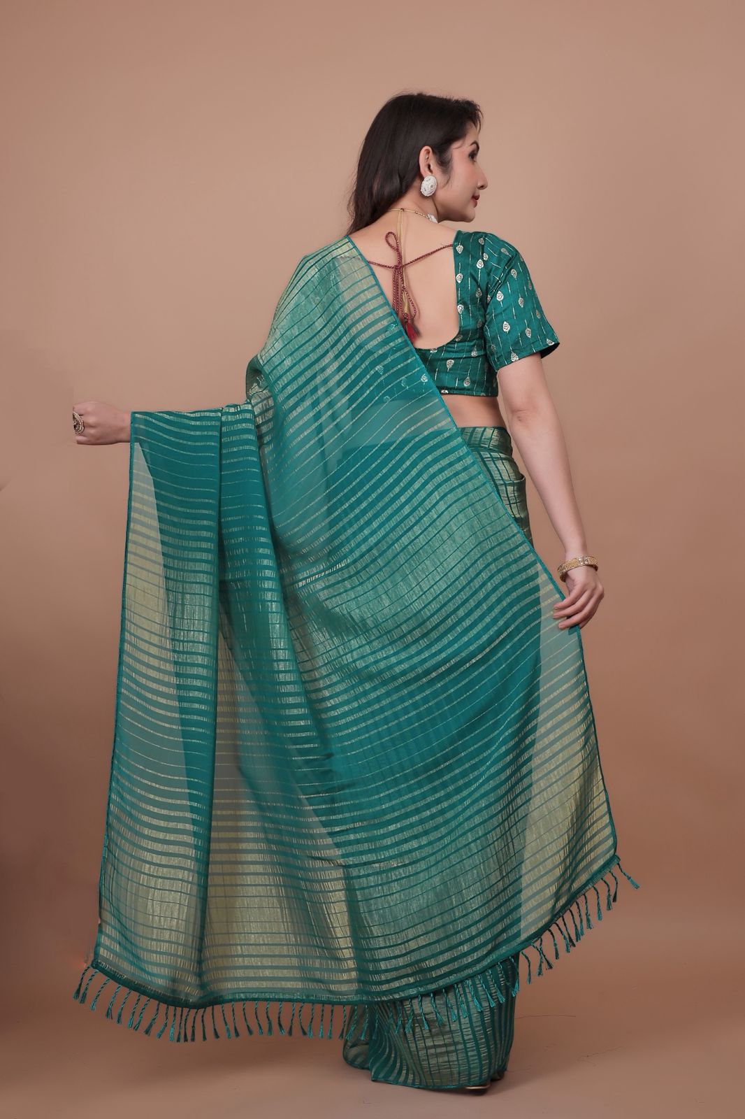 Teal Green Saree with Shimmering Horizontal Stripes