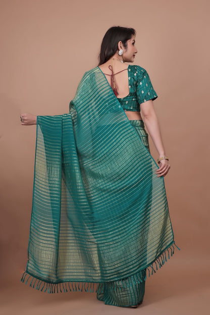 Teal Green Saree with Shimmering Horizontal Stripes
