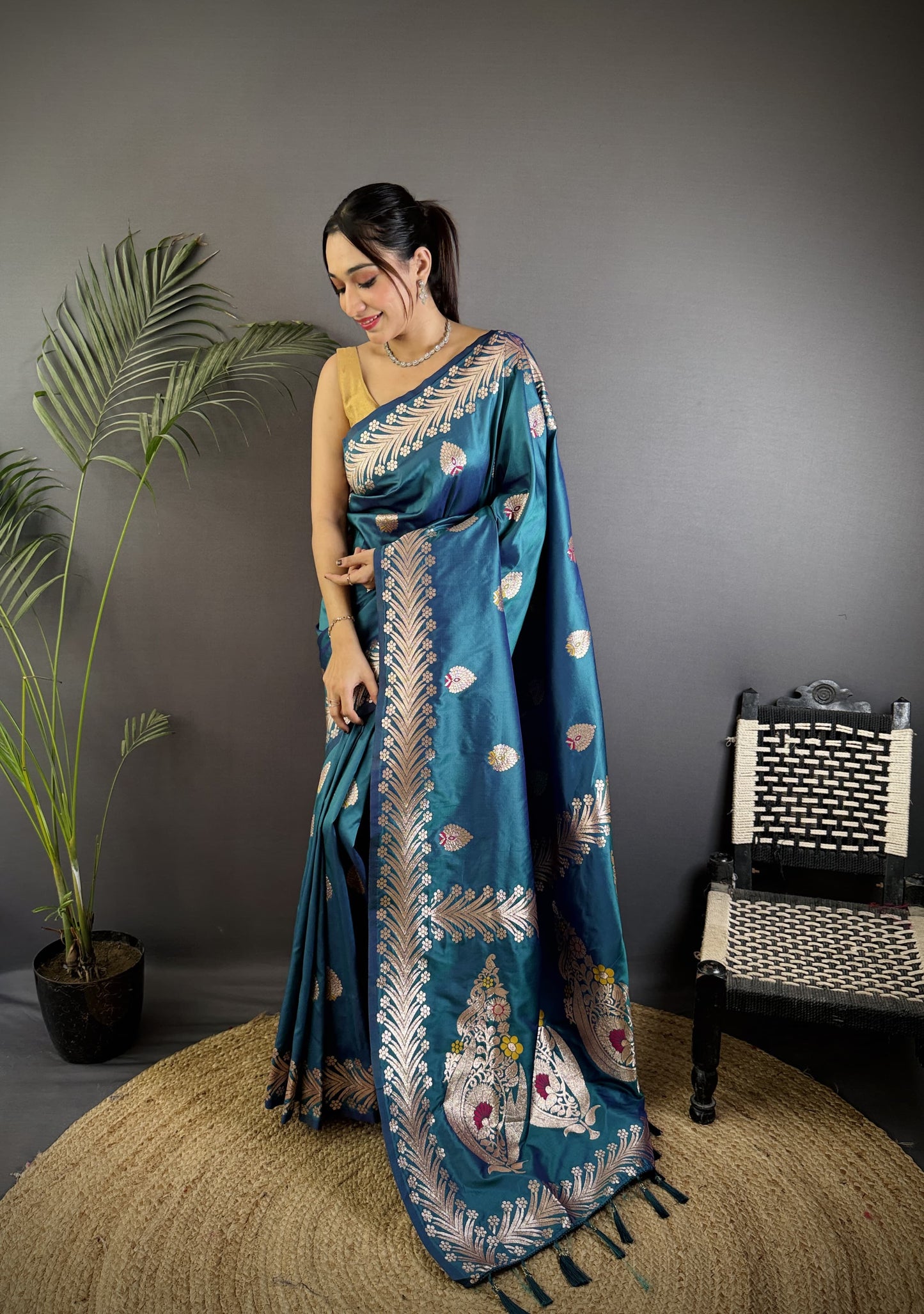 Teal Blue Pure Banarasi Silk Saree