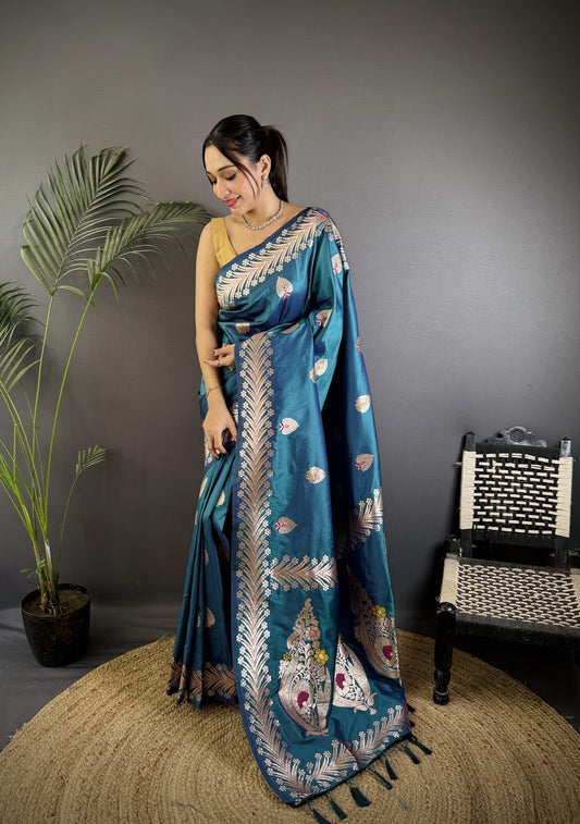 Teal Blue Pure Banarasi Silk Saree