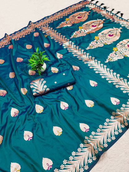 Teal Blue Pure Banarasi Silk Saree