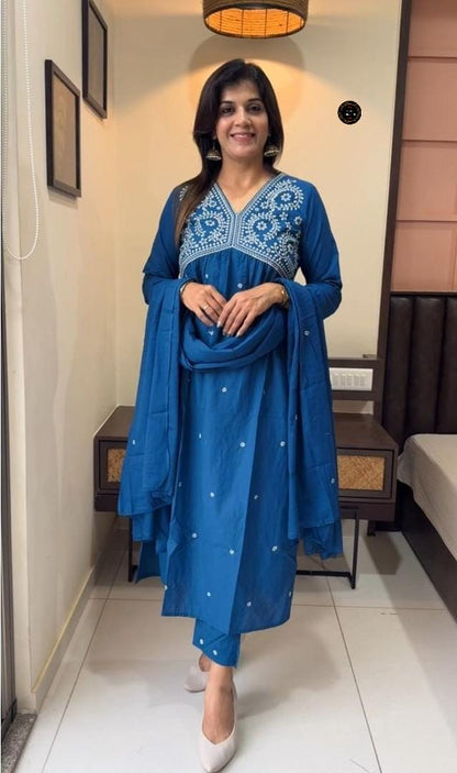 Blue Pure Cotton Embroidered Kurti