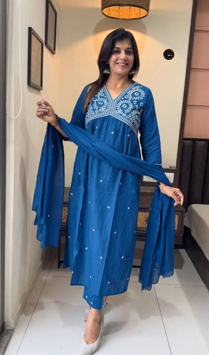 Blue Pure Cotton Embroidered Kurti