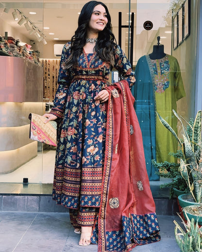 Navy Blue Premium Cotton Embroidered Kurti