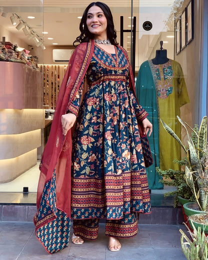 Navy Blue Premium Cotton Embroidered Kurti