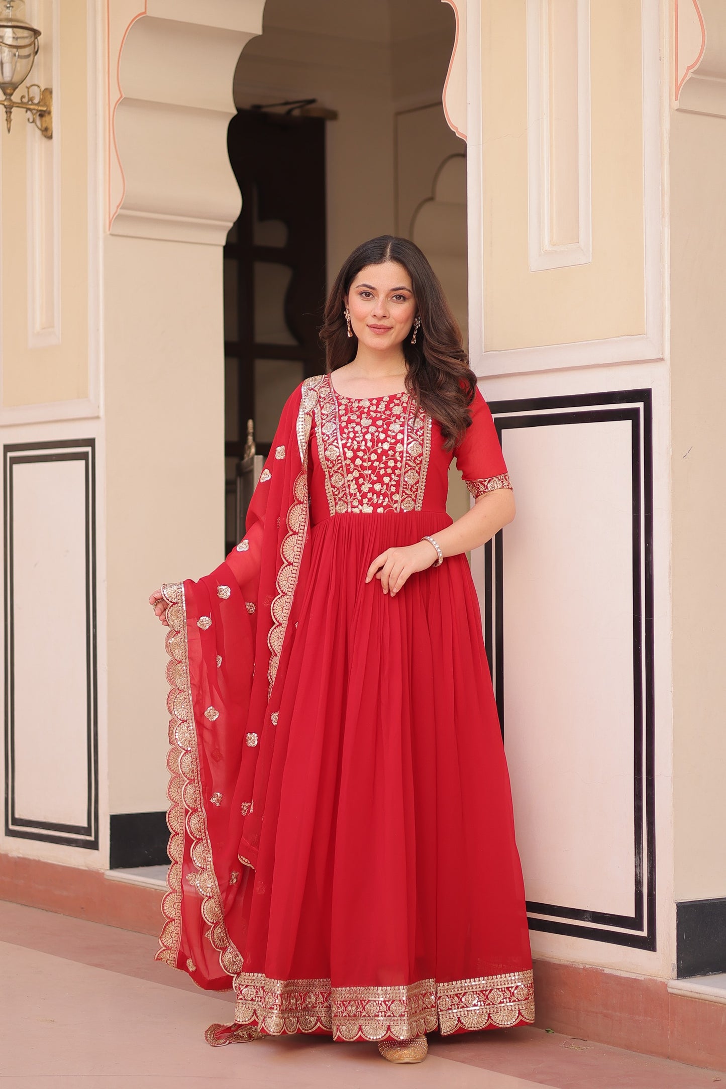 Red Embroidered Gown with Designer Dupatta