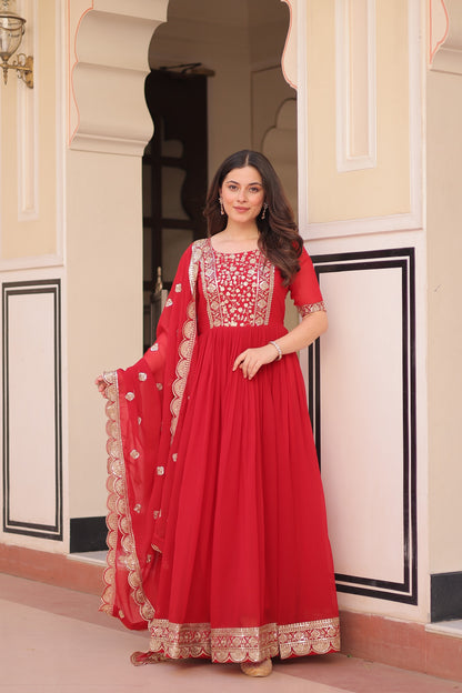 Red Embroidered Gown with Designer Dupatta