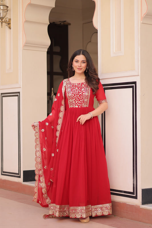 Red Embroidered Gown with Designer Dupatta