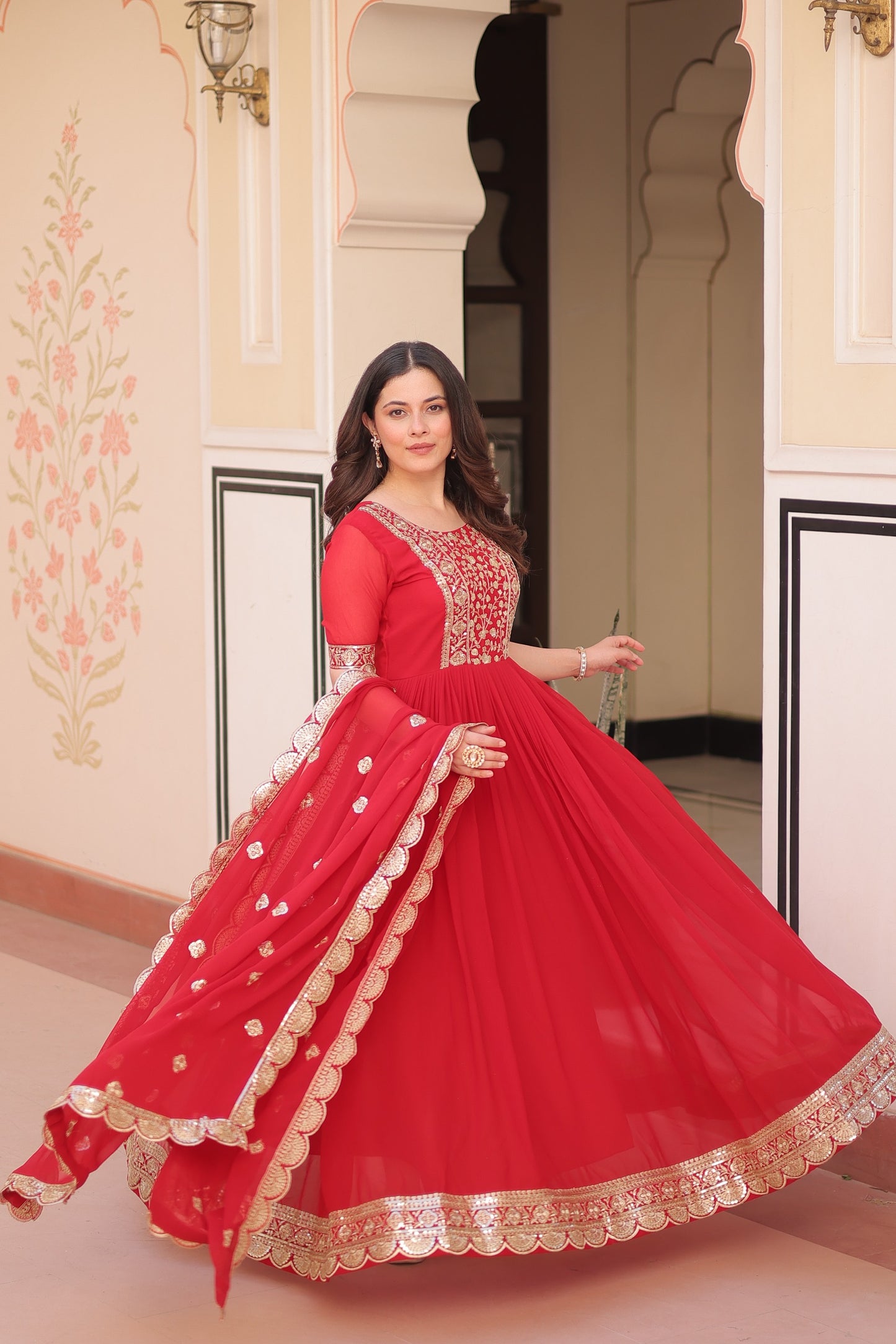 Red Embroidered Gown with Designer Dupatta
