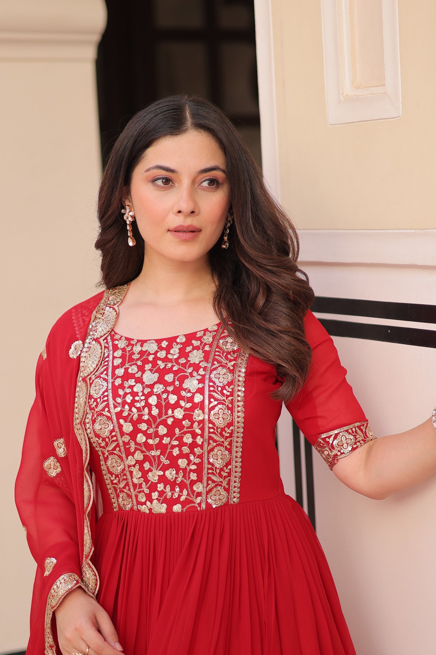 Red Embroidered Gown with Designer Dupatta