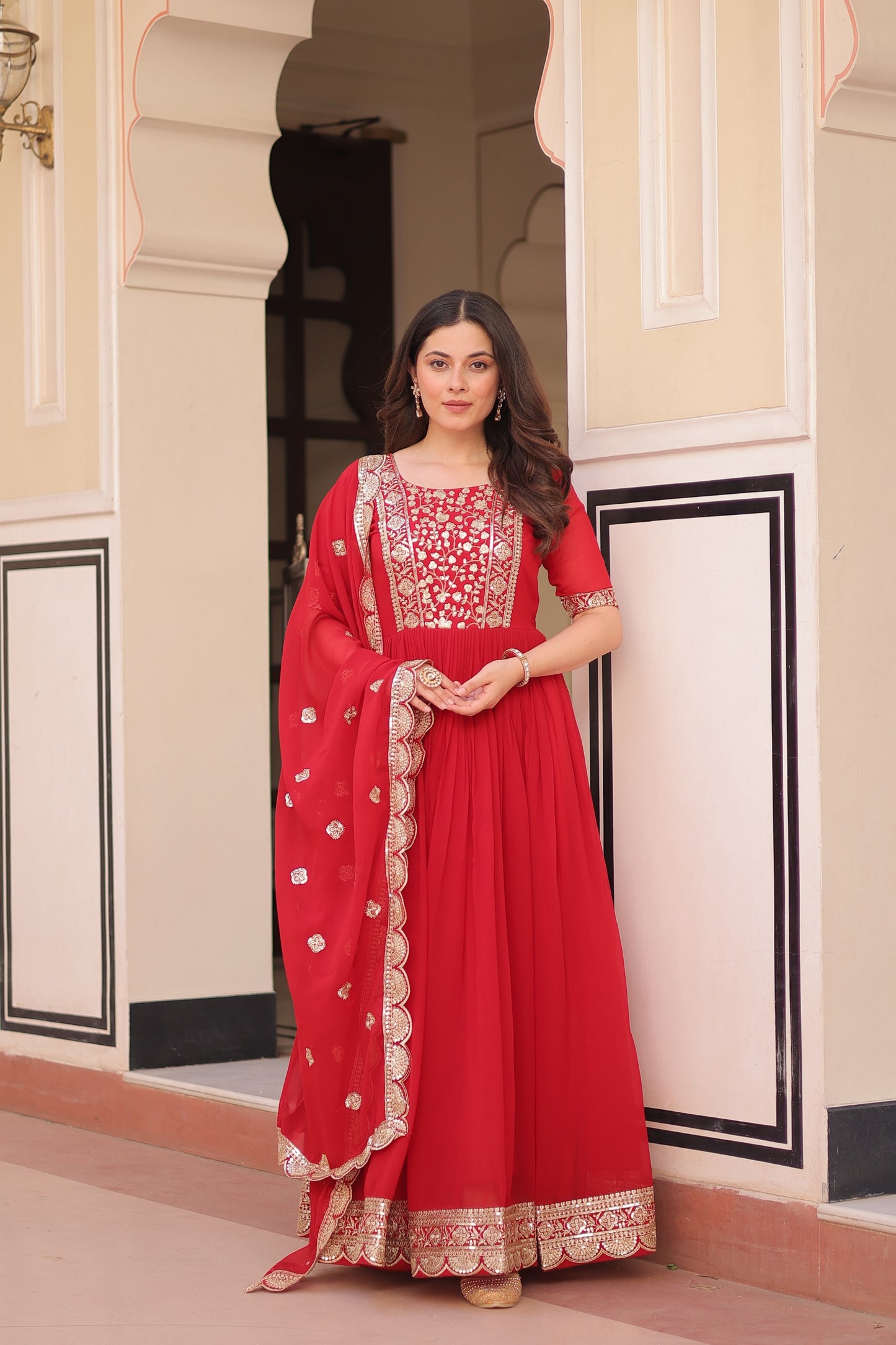 Red Embroidered Gown with Designer Dupatta