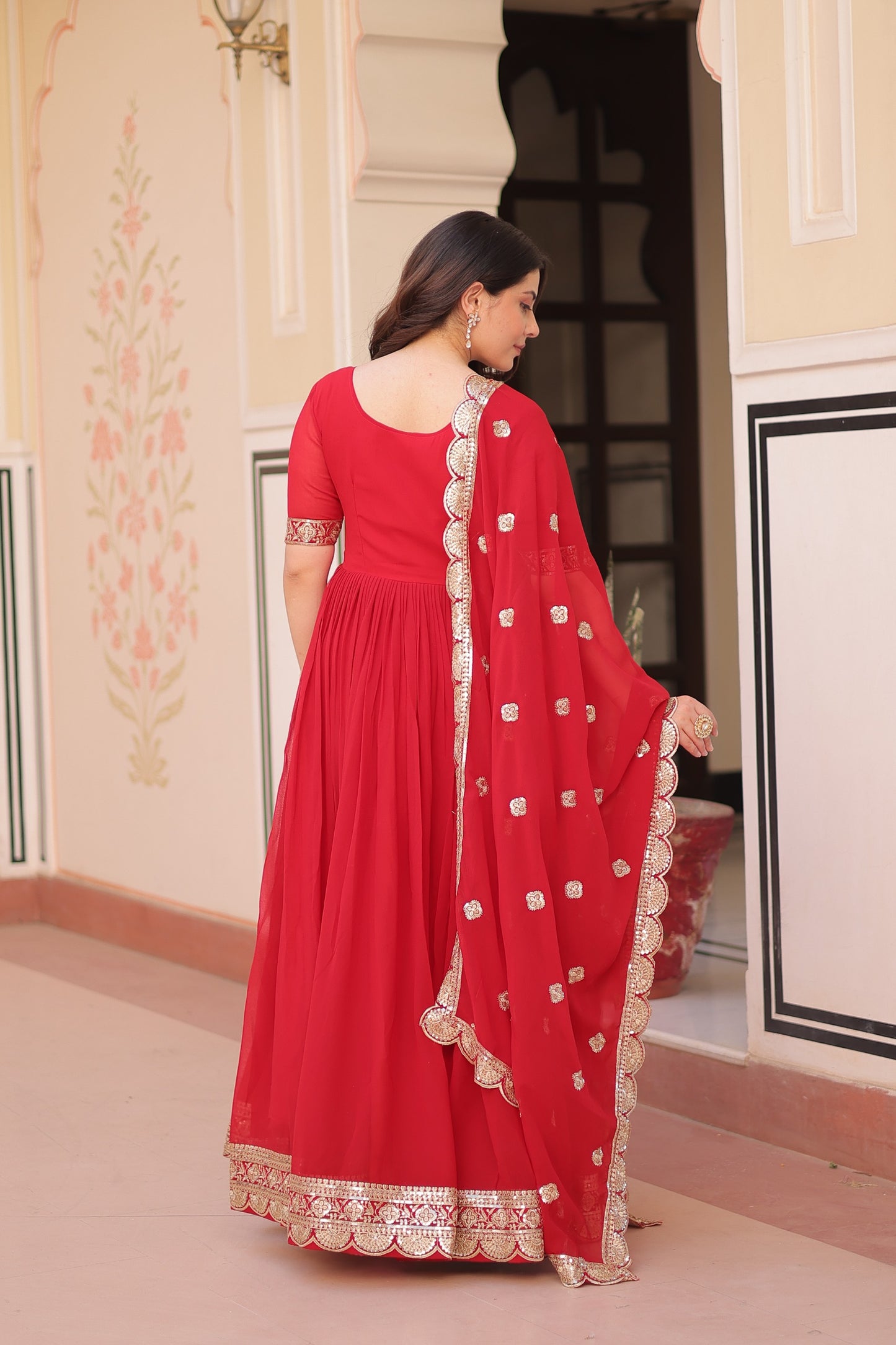 Red Embroidered Gown with Designer Dupatta