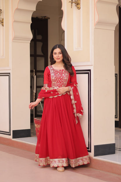 Red Embroidered Gown with Designer Dupatta