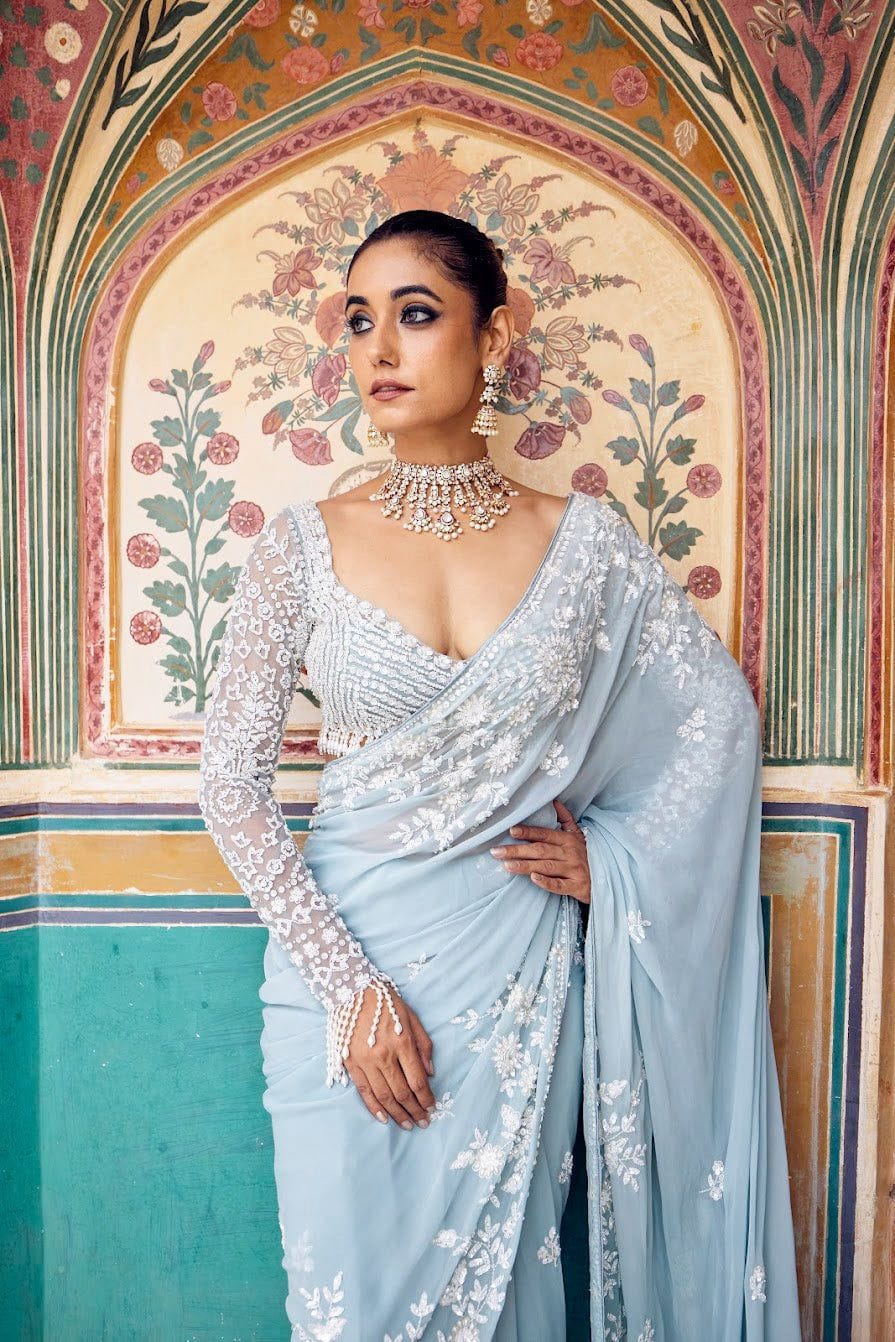 Sky Blue Luxurious Georgette Wedding Saree