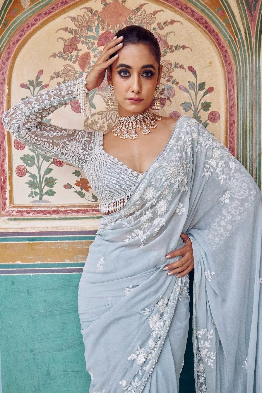 Sky Blue Luxurious Georgette Wedding Saree