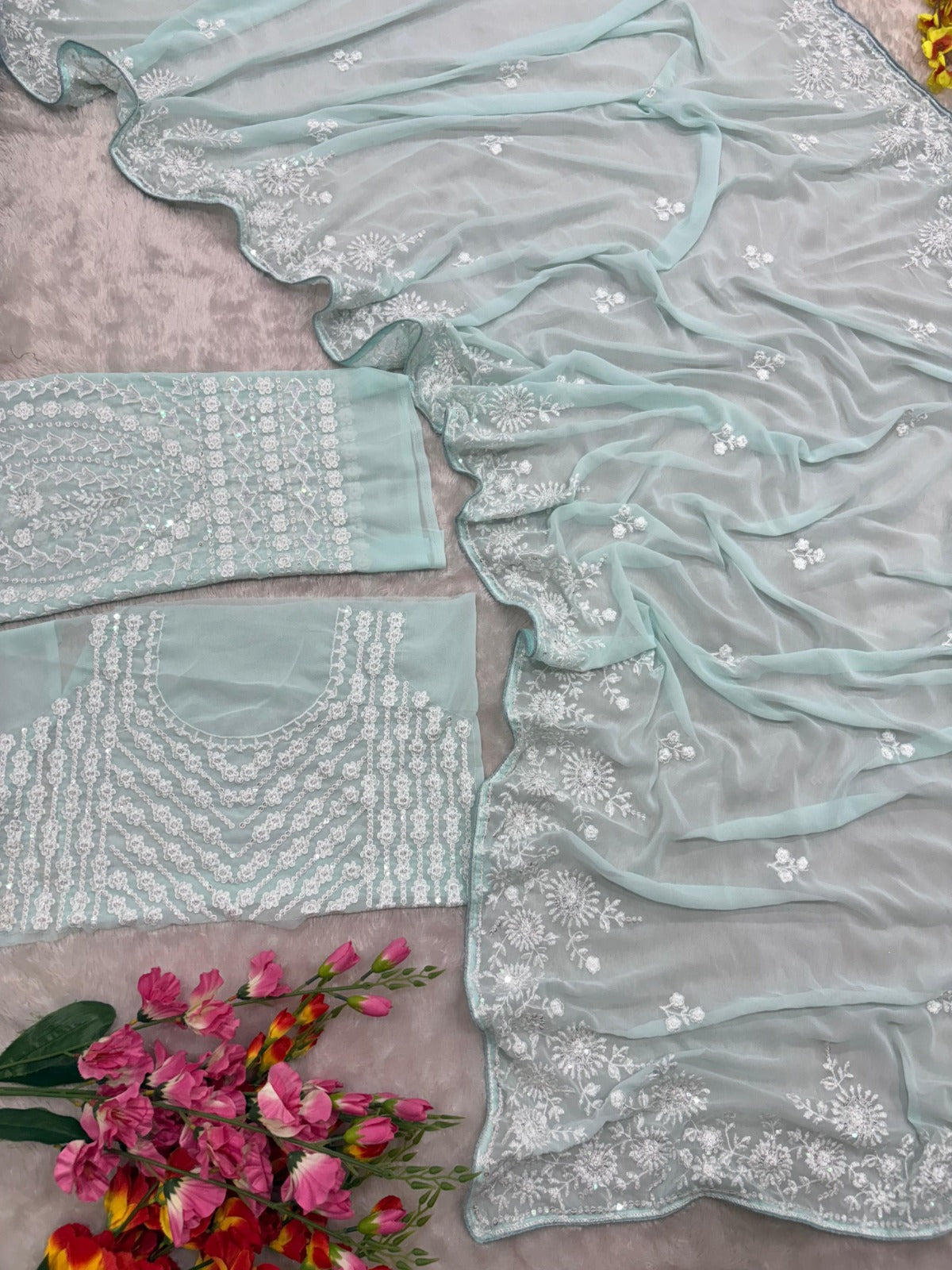 Sky Blue Luxurious Georgette Wedding Saree