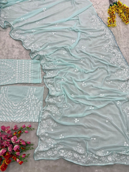Sky Blue Luxurious Georgette Wedding Saree
