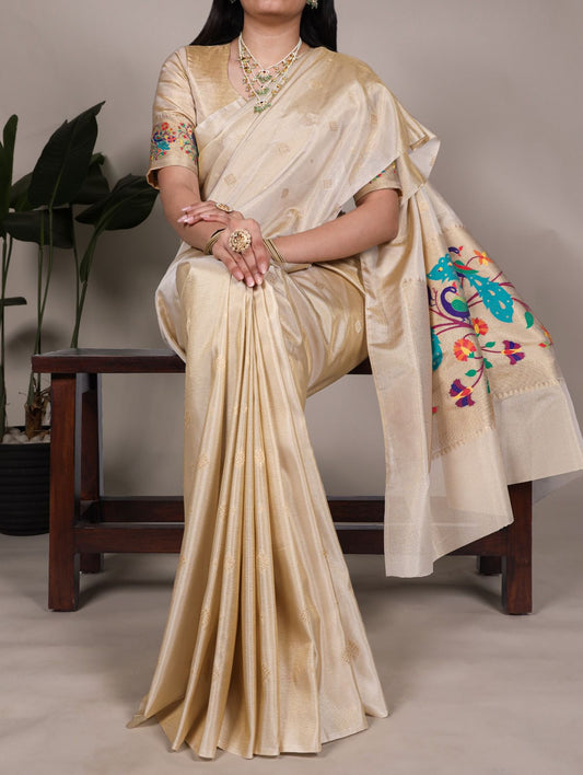 Beige Tissue Paithani Zari Work Saree