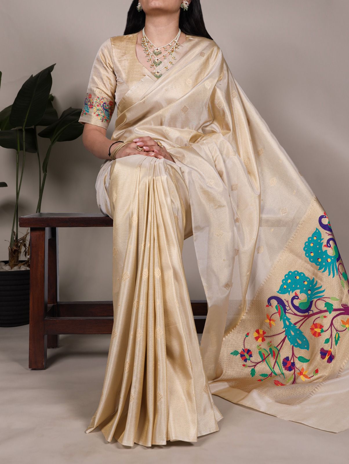 Beige Tissue Paithani Zari Work Saree