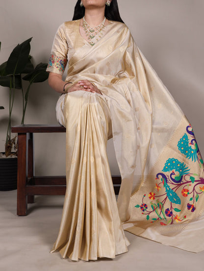 Beige Tissue Paithani Zari Work Saree