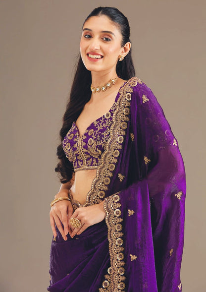 Purple Heavy Full Embroidery Work Saree
