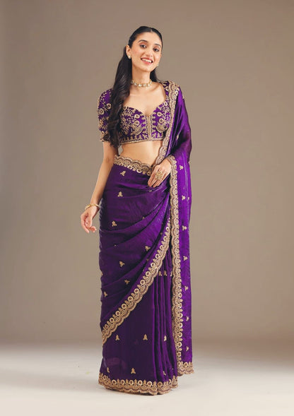 Purple Heavy Full Embroidery Work Saree